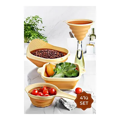 Vienev Elegant 4 Parça Akordiyon Süzgeç Seti 1x(huni, Saplı Süzgeç, Kare Süzgeç, Pirinç Süzgeci) Sarı