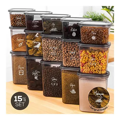 Vienev Beyaz Serigrafi Etiketli 15li Peggy Dikdörtgen Saklama Kabı Seti 5x(1500-1150-800 Ml) Antrasit