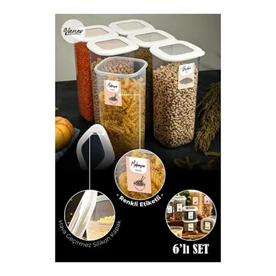 Vienev Renkli Etiketli Kare Erzak Saklama Kabı 6lı Set 1,75 Litre Beyaz