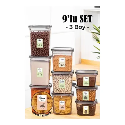 Vienev Renkli Etiketli 9lu Peggy Dikdörtgen Saklama Kabı Seti 3x(1500-1150-800 Ml) Antrasit