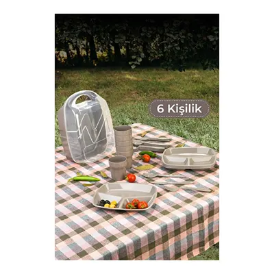 Vienev 6 Kişilik Çantalı Piknik Seti Bej