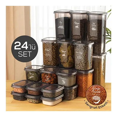 Vienev 24lü Beyaz Serigrafi Etiketli Kaşıklı Peggy Kare Erzak Baharat Full Set 6x(1,75 1,2, 0,55, 0,45) Antrasit