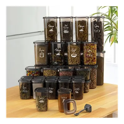 Vienev 36'lı Beyaz Serigrafi Etiketli Kaşıklı Peggy Kare Erzak Baharat Full Set 8x(1,75, 1,2, 0,55) 12x(0,45) Antrasit