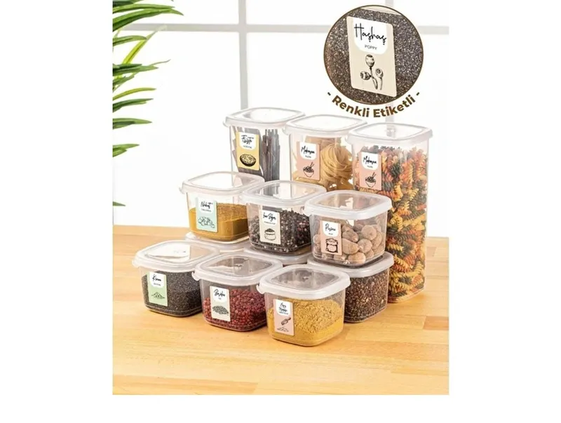 Vienev Renkli Etiketli 12li Set Peggy Kare Erzak Saklama Kabı 9x(0,55 Litre) - 3x(1,75 Litre) Beyaz, görsel 1