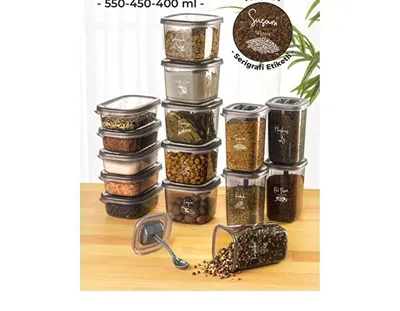 Vienev 15li Baharat Saklama Kabı Seti Avantajlı Paket 5x 0,40, 0,45, 0,55 Litre Etiketli Kaşıklı Süper Set Şeffaf