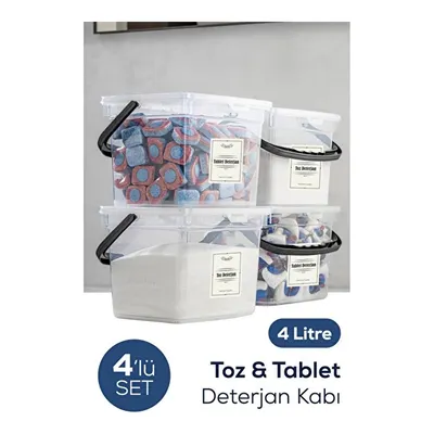 Vienev 4'lü 4 Litre Beyaz Etiketli Toz Tablet Deterjan Saklama Kabı - Deterjan Kutusu Beyaz
