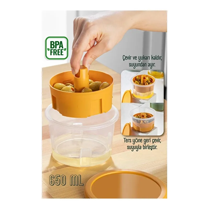 Vienev Sunumluk Zeytin Turşu Peynir Çok Amaçlı Süzgeçli Saklama Kabı Sarı, görsel 1