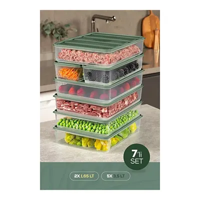 Vienev 7'li Buzdolabı Dondurucu Organizer Ve Saklama Kabı Yeşil 5x(3,5lt) 2x(1,65lt)