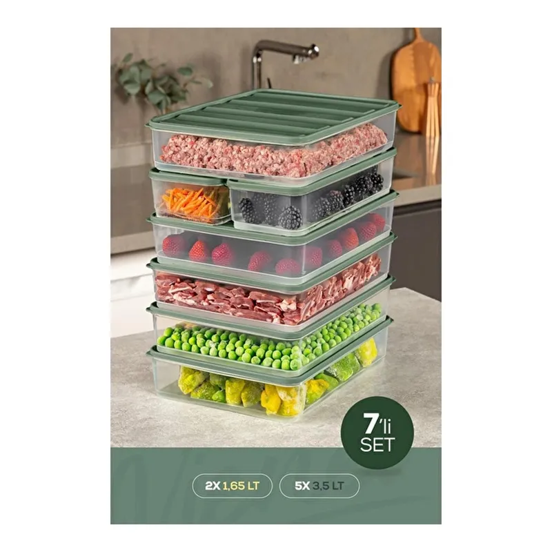 Vienev 7'li Buzdolabı Dondurucu Organizer Ve Saklama Kabı Yeşil 5x(3,5lt) 2x(1,65lt), görsel 1