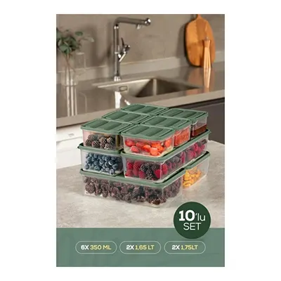 Vienev 10'lu Buzdolabı Dondurucu Organizer Ve Saklama Kabı Yeşil 6x(350ml) 2x(1,65lt) 2x(1,75lt)