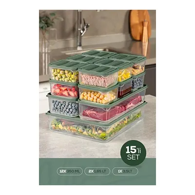 Vienev 15'li Buzdolabı Dondurucu Organizer Ve Saklama Kabı Yeşil 12x(350ml) 2x(1,65lt) 1x(3,5lt)