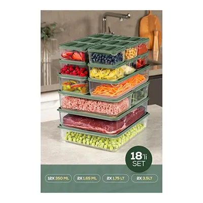 Vienev 18'li Buzdolabı Dondurucu Organizer Ve Saklama Kabı Yeşil 12x(350ml) 2x(1,65lt) 2x(1,75lt) 2x(3,5lt)