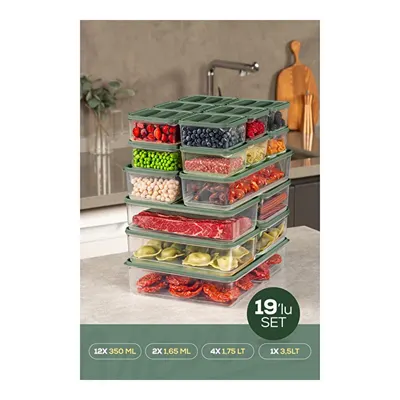 Vienev 19'lu Buzdolabı Dondurucu Organizer Ve Saklama Kabı Yeşil 12x(350ml) 4x(1,75lt) 2x(1,65lt) 1x(3,5lt)