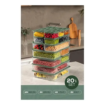 Vienev 20'li Buzdolabı Dondurucu Organizer Ve Saklama Kabı Yeşil 12x(350ml) 4x(1,75lt) 2x(1,65lt) 2x(3,5lt)