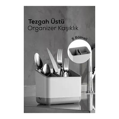 Vienev 5 Bölmeli Organizer Kaşıklık Tezgah Üstü Kaşık Düzenleyici Gri