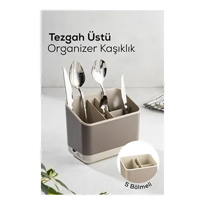 Vienev 5 Bölmeli Organizer Kaşıklık Tezgah Üstü Kaşık Düzenleyici Bej