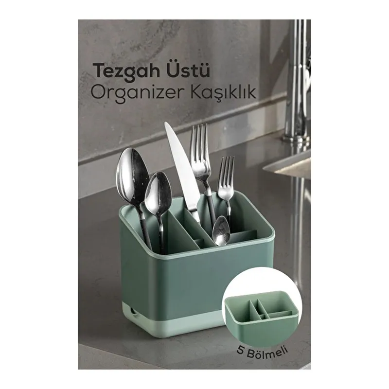 Vienev Tezgah Üstü Kaşık Düzenleyici 5 Bölmeli Organizer Kaşıklık Yeşil, görsel 1