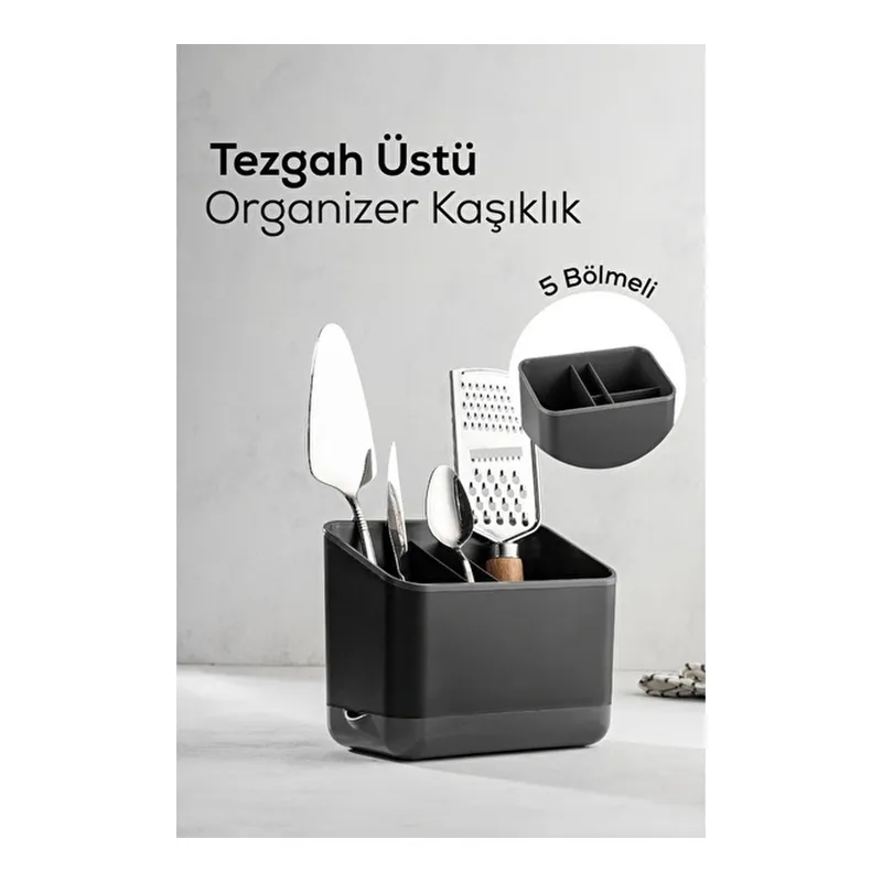 Vienev Tezgah Üstü Kaşık Düzenleyici 5 Bölmeli Organizer Kaşıklık Antrasit, görsel 1