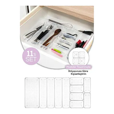 Vienev Çekmece İçi Kaşıklık - Dolap İçi Çatal-kaşık Bıçak Düzenleyici Organizer 11li Set Beyaz