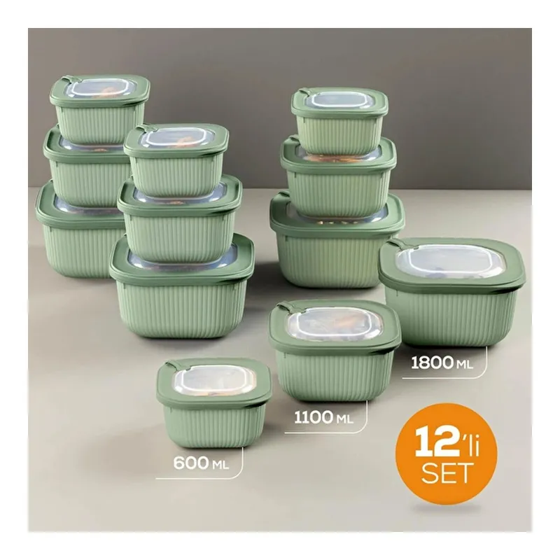 Vienev 12'li 4x(600-1100-1800 Ml) Mikrodalga Ve Difrize Uygun Vip Kapaklı Özel Saklama Kabı Seti Yeşil, görsel 1
