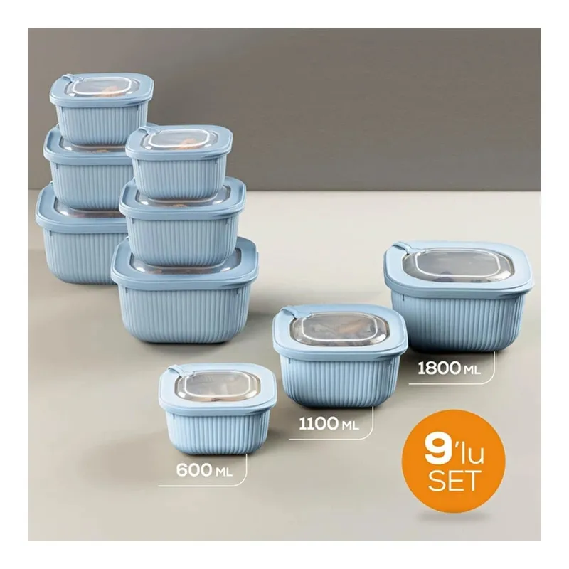 Vienev 9'lu 3x(600-1100-1800 Ml) Mikrodalga Ve Difrize Uygun Vip Kapaklı Özel Saklama Kabı Seti Mavi, görsel 1