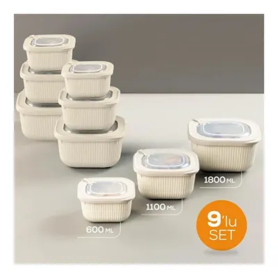 Vienev 9'lu 3x(600-1100-1800 Ml) Mikrodalga Ve Difrize Uygun Vip Kapaklı Özel Saklama Kabı Seti Bej