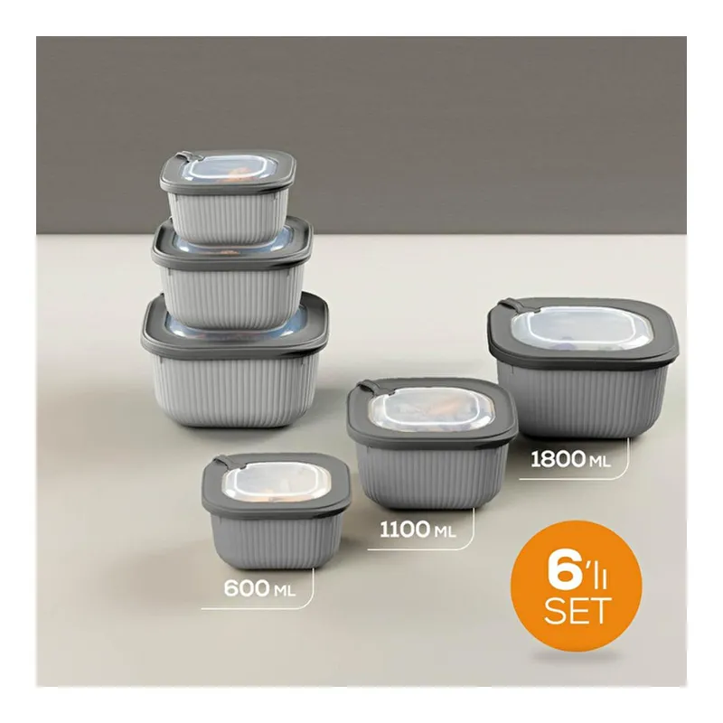 Vienev 6'lı 2x(600-1100-1800 Ml) Mikrodalga Ve Difrize Uygun Vip Kapaklı Özel Saklama Kabı Seti Antrasit, görsel 1