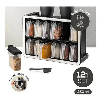 Vienev Beyaz Serigrafi Etiketli 12'li 250 Ml Standlı Kendinden Yapışkanlı Kaşıklı Baharatlık Seti Siyah