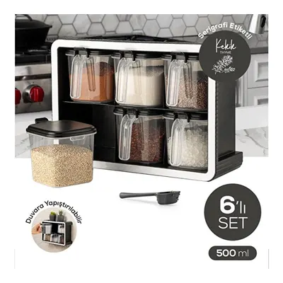 Vienev Beyaz Serigrafi Etiketli 6'lı 500 Ml Standlı Kendinden Yapışkanlı Kaşıklı Baharatlık Seti Siyah