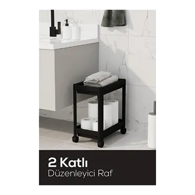 Vienev 2 Katlı Tekerlekli Düzenleyici Raf - Banyo Dolabı Mutfak Tezgah Ve Evye Altı Düzenleyici Siyah