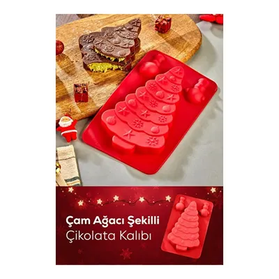 Vienev Yılbaşı Temalı Silikon Çam Ağacı Dubai Çikolatası Kalıbı Kırmızı