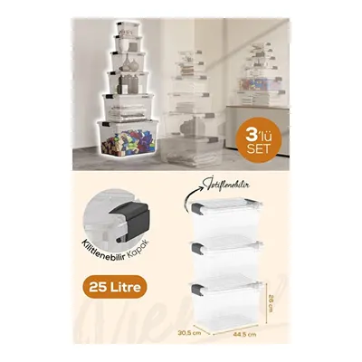 Vienev 3'lü 25 Litre Kilitli Kapaklı Saklama Ve Erzak Kutusu 33125