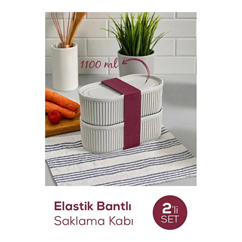 Vienev 2'li Elastik Bantlı İstiflenebilir Pratik Saklama Kabı Seti 2x 1100 Ml Gri, görsel 1