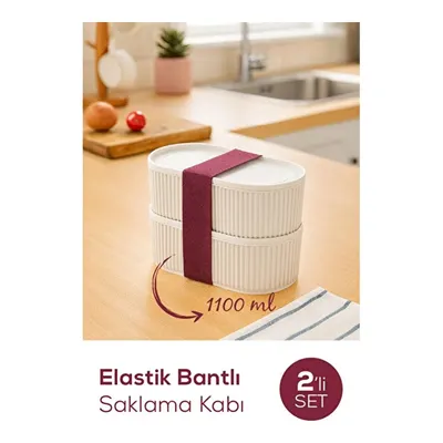 Vienev 2'li Elastik Bantlı İstiflenebilir Pratik Saklama Kabı Seti 2x(1100 Ml) Bej