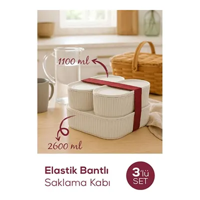 Vienev 3'lü Elastik Bantlı İstiflenebilir Pratik Saklama Kabı Seti 2x 1100 Ml 1x 2600 Ml Bej