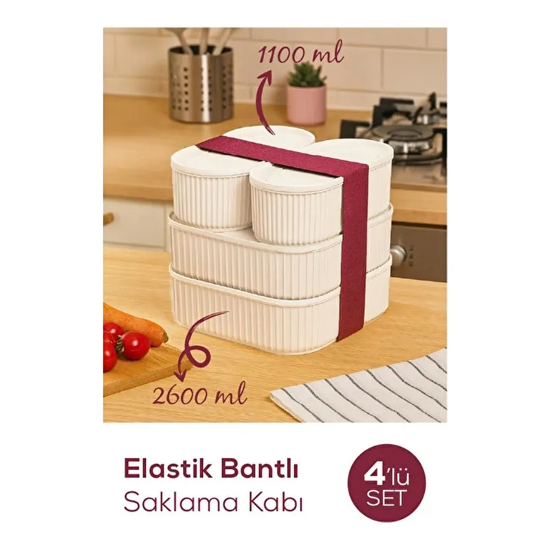 Vienev 4'lü Elastik Bantlı İstiflenebilir Pratik Saklama Kabı Seti 2x(1100 Ml) 2x(2600 Ml) Bej, görsel 1