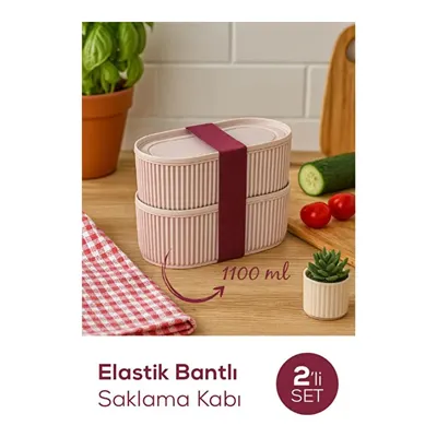 Vienev 2'li Elastik Bantlı İstiflenebilir Pratik Saklama Kabı Seti 2x(1100 Ml) Pembe