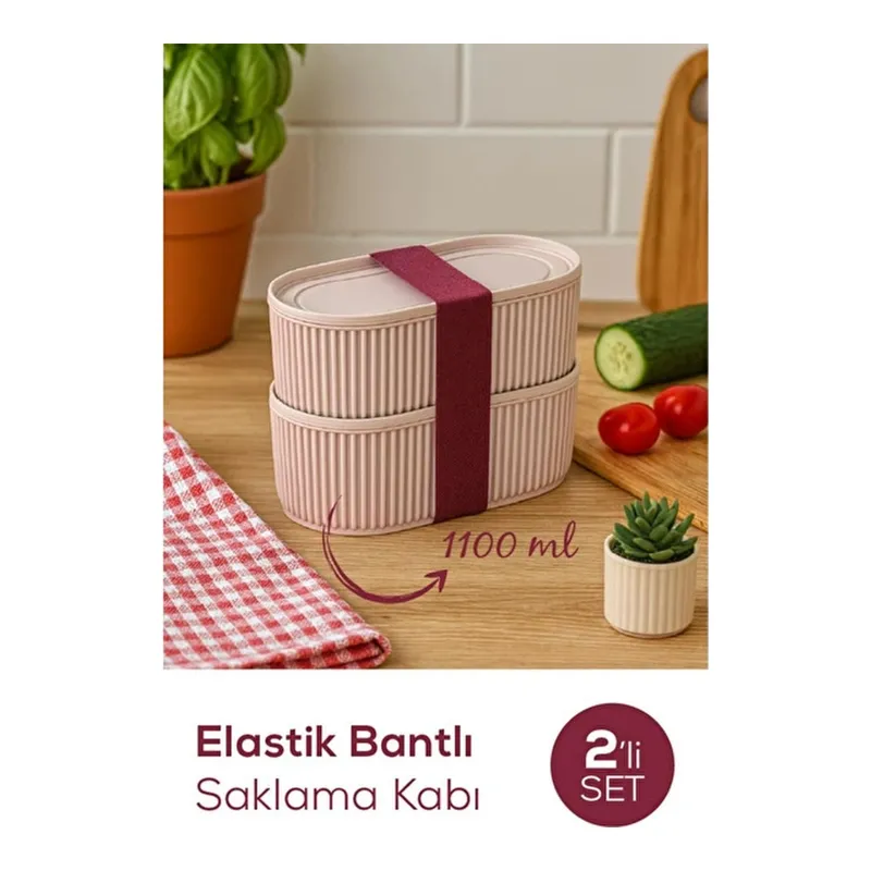 Vienev 2'li Elastik Bantlı İstiflenebilir Pratik Saklama Kabı Seti 2x(1100 Ml) Pembe, görsel 1