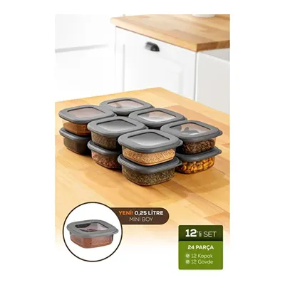 Vienev 12'li Etiketli Lux Hava Geçirmez Erzak Ve Baharat Saklama Kabı Seti 0,25 Lt Antrasit