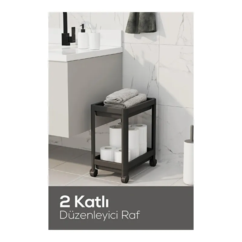 Vienev 2 Katlı Tekerlekli Düzenleyici Raf - Banyo Dolabı Mutfak Tezgah Ve Evye Altı Düzenleyici Antrasit, görsel 1