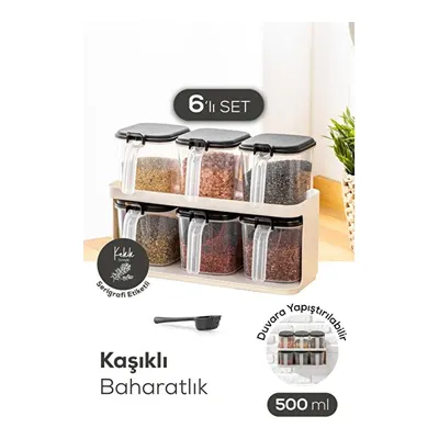 Vienev 6'lı Beyaz Standlı Kaşıklı Etiketli Kendinden Yapışkanlı Baharatlık Seti Beyaz