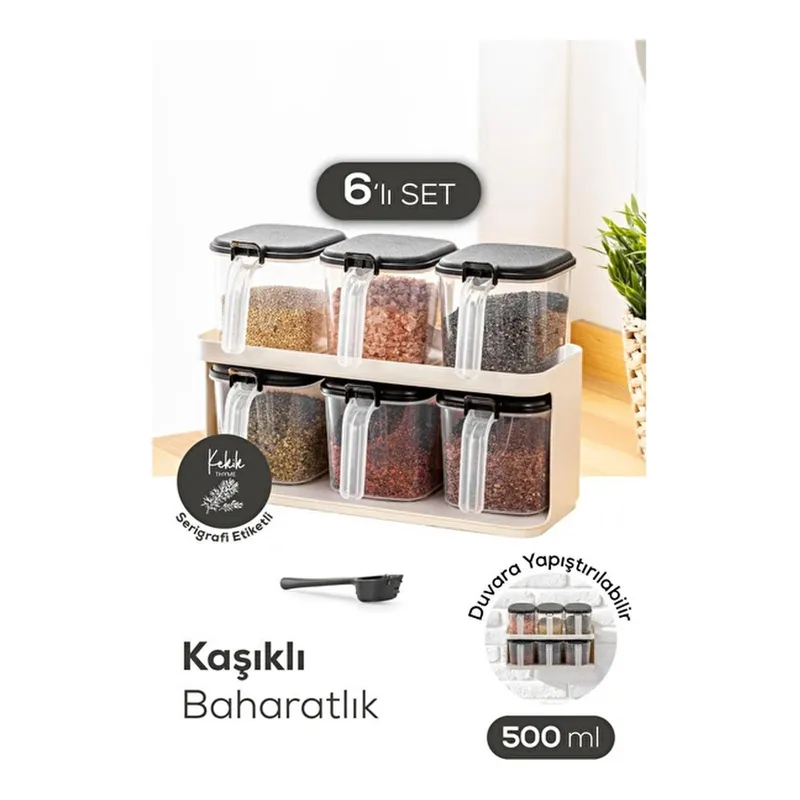 Vienev 6'lı Beyaz Standlı Kaşıklı Etiketli Kendinden Yapışkanlı Baharatlık Seti Beyaz, görsel 1