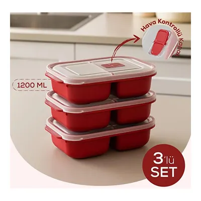 Vienev Kapaklı 3’lü Mikrodalgaya Uygun Bölmeli Dikdörtgen Saklama Kabı Seti - 1200 Ml