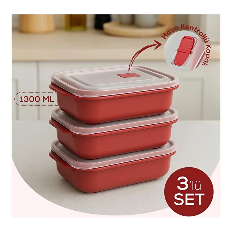 Vienev Kapaklı 3’lü Mikrodalgaya Uygun Dikdörtgen Saklama Kabı Seti - 1300 Ml, görsel 1