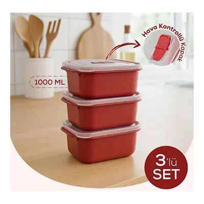 Vienev Kapaklı 3’lü Mikrodalgaya Uygun Dikdörtgen Saklama Kabı Seti - 1000 Ml