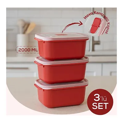 Vienev Kapaklı 3’lü Mikrodalgaya Uygun Dikdörtgen Saklama Kabı Seti - 2000 Ml