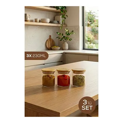 Vienev 3'lü Set Bambu Kapaklı Cam Kavanoz 230 Ml - Erzak Düzenleyici Saklama Kabı (6,5x8cm)