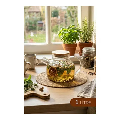 Vienev Bambu Kapaklı Cam Demlik | 1 Litre Bitki Çayı & Demleme Sürahisi