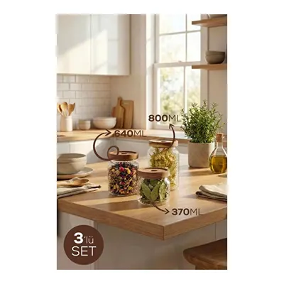 Vienev 3'lü Ahşap Kapaklı Dokulu Cam Kavanoz Seti | Baharatlık Ve Bakliyat Saklama Kabı 370ml-640ml-800ml