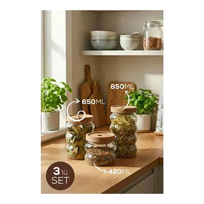 Vienev 3'lü Ahşap Kapaklı Boğumlu Cam Kavanoz Seti | Baharatlık Ve Bakliyat Saklama Kabı 420ml-650ml-850ml